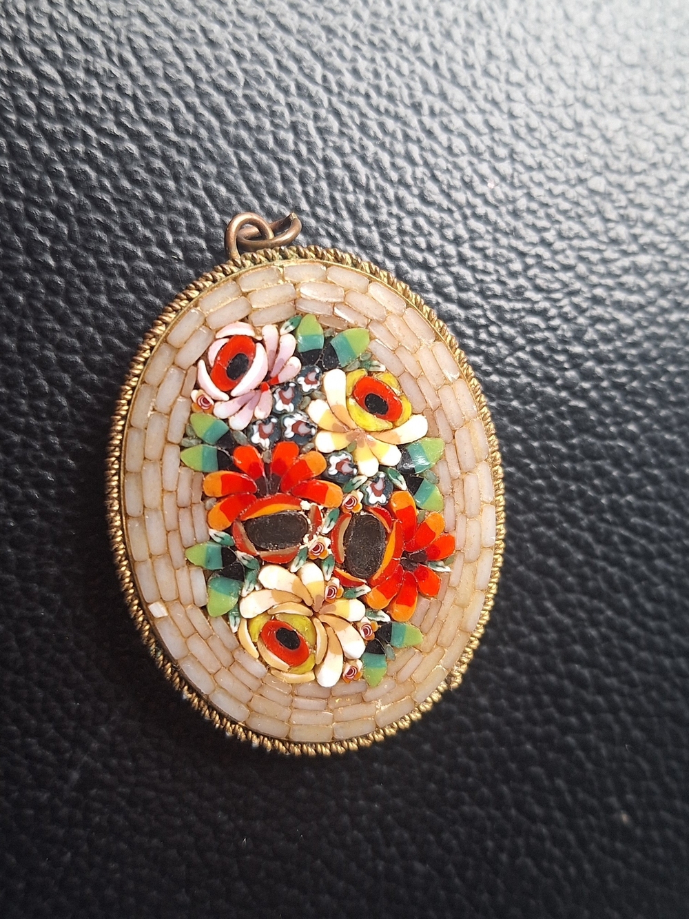 Vintage Floral Micro-Mosaic Pendant in Red, Yellow & Green